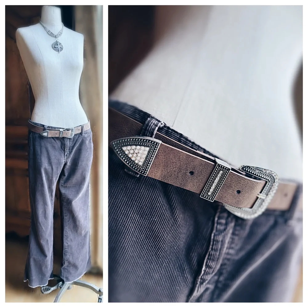 Western Rhinestone Vegan Leather Belt | Warm Brown & Silver | Size 34